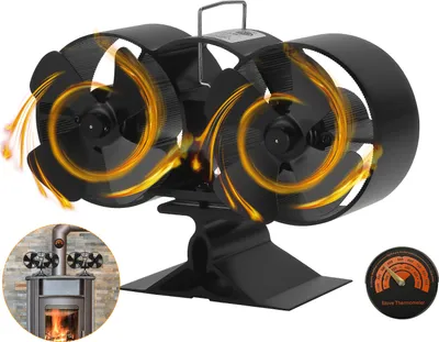 Obrázek produktu pro SWANEW Krbový ventilátor Elektrický ventilátor na kamna Dva ventilátory se 4 lopatkami Komínový ventilátor pro krbové komínové potrubí s teploměrem