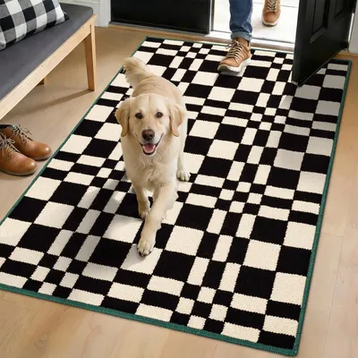 Image de Paillasson antidérapant à motif damier, noir, 80x120 cm