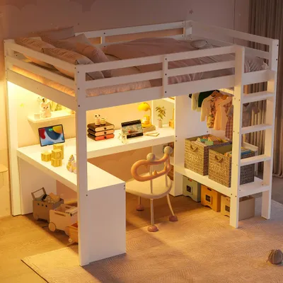 Produktbild von Hochbett mit Unterbettschreibtisch, Regalen, LED, USB, Holz MDF 90x200 cm, Weiß