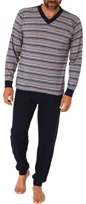 Produktbild von Normann Herren langarm Schlafanzug mit Bündchen Pyjama in Streifenoptik ; navy , 52