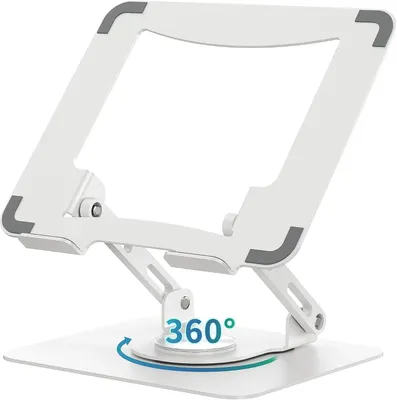 Produktbild von Laptopständer mit 360° drehbarem Fuß, ergonomischer Schreibtischerhöhung, mehrfach höhenverstellbar, faltbar, stabiler Metallständer für Laptops von 10 bis 15,6 Zoll, Weiß