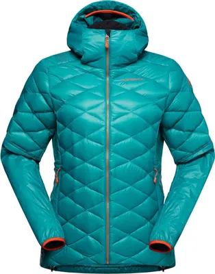 Aiguille Down Jkt W von La Sportiva in Türkis mit Kapuze und gestepptem Design; ideal für Damen.