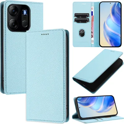 Produktbild von Litchi Leder Handyhülle für Tecno Pop 7/Pop7 Pro/Spark Go 2023/Infinix Smart 7 Wallet Kartenfächer Standfunktion Hülle Hellblau