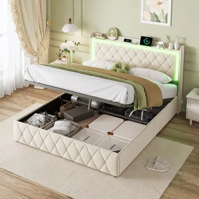 Produktbild von Moonbite Bett 140x200 cm beiger Samt mit LED und USB-C-Schnelladung am Kopfteil, Bettkasten und Lattenrost, Samt, Beige