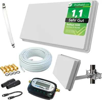 A collection of satellite TV equipment laid out on a white background.