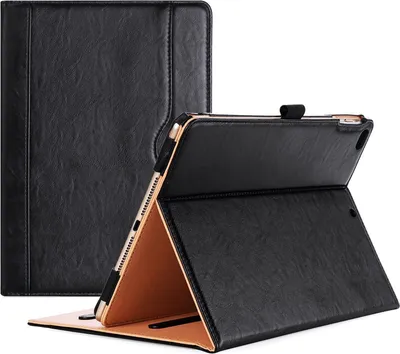 Produktbild von Leder Hülle mit Stifthalter für iPad 9.7 Zoll 2018/2017 (6th 5th Gen), iPad Air 2, iPad Air Schutzhülle Case Kunstleder Klapphülle mit Multi- Stand für iPad 9.7 Zoll -Schwarz