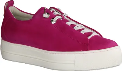 A single pink nubuck sneaker with a white sole and white laces, shown from a side angle against a white background.