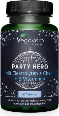 Produktbild von Vegavero Party Hero | 60 Tabletten | Elektrolyte, B-Vitamine & Zink | mit Artischocke, Ingwer & Ashwagandha | vegan