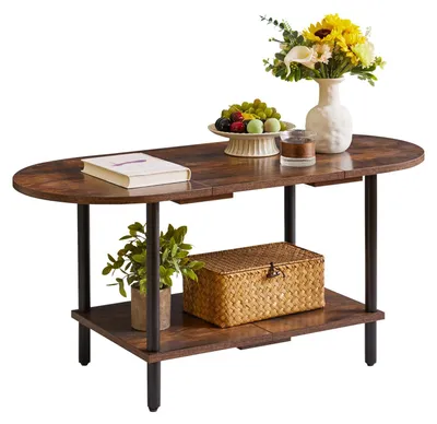 Productafbeelding van Kleine salontafel met 2 opbergvlakken, houten tafel in rustieke bruin met zwarte poten, 89 x 40 x 43 cm, geschikt voor woonkamer en kantoor