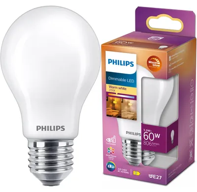Zdjęcie produktu dla Philips Żarówka żarnikowa matowa 60 W A60 E27, 5,9 W, 60 W, E27, 806 lm, 15000 h, Ciepły blask