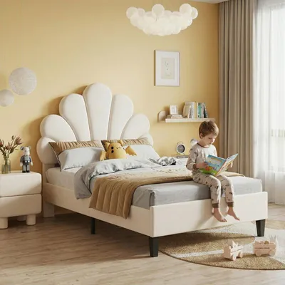 Obrázok produktu pre Jednolôžko ProximaX 90 x 200 cm, béžový zamat, čalúnená posteľ s motívom mušlí, moderná detská posteľ v kvetinovom štýle