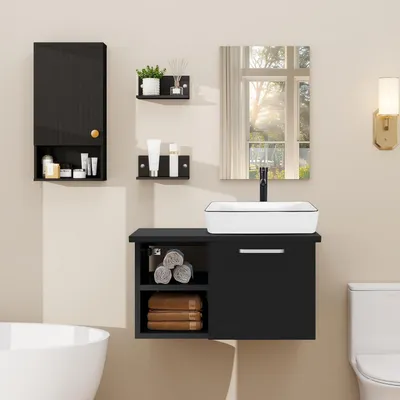 Immagine prodotto di Set di mobili da bagno composto da 3 elementi: mobile sotto lavello da 71 cm, specchio, pensile e rubinetto, colore bianco/nero
