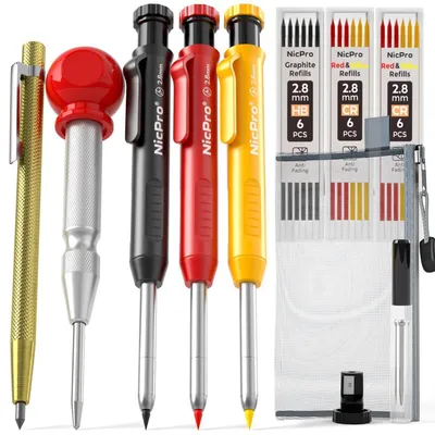 Immagine prodotto di Set di matite Tischler, 11 pezzi, con penna per incisioni, punteruolo, temperamatite, pennarello per fori profondi e custodia. Mine rosse, gialle e nere, ideali per la lavorazione del legno e per architetti