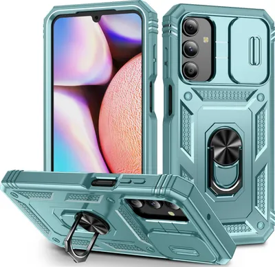 Image de Etui pour Samsung Galaxy A15 5G/4G protection caméra coulissante, résistant aux chocs, avec porte-anneau, support et porte-carte vert