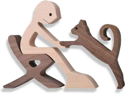 Immagine prodotto di Scultura decorativa a forma di gatto - Piccola statuetta di legno a forma di gatto - Scultura intagliata a mano - Ideale per mensole e tavoli