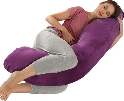 Image de (violet) Coussin de grossesse en forme de J Coussin d'allaitement pour dormir sur le côté Soutien de la tête et du cou pour le ventre 65 x 125 cm