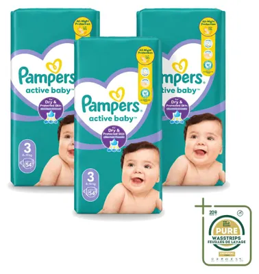 Zdjęcie produktu dla 3 opakowania pieluszek Pampers Active Baby, rozmiar 3, dla dzieci ważących 6-10 kg - zestaw ekonomiczny, 3 sztuki