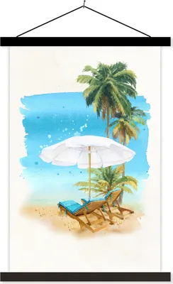 Produktbild von MuchoWow® Textilposter Strandkorb - Sonnenschirm - Palme - Meer 120x180 cm mit schwarzem Rahmen - Fotos