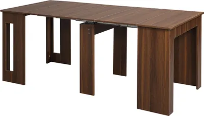 A brown wooden dining table with an extendable leaf mechanism.