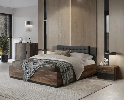 A modern bedroom with a bed, nightstand, and dresser.