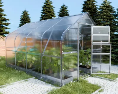 A greenhouse filled with plants is shown outdoors on a sunny day.