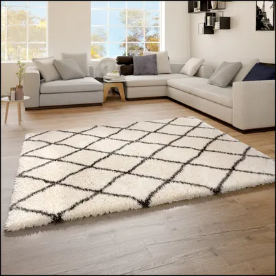 Produktbild von TT Home Teppich Hochflor Flokati Look Flauschig Shaggy Rauten Trend Creme Anthrazit Größe 80x150 cm