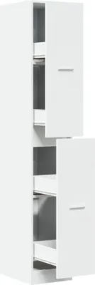 A tall, narrow white cabinet with two doors, one above the other. The doors are slightly ajar, revealing shelves and drawers inside.