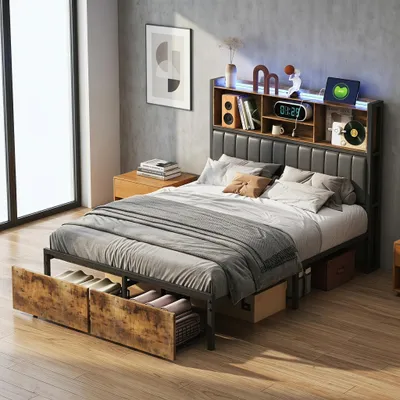 Produktbild von INONEFT Polsterbett Metallbett 140x200cm mit Schubladen, Jugendbett Doppelbett mit LED-Beleuchtung und USB, Stauraumbett mit Lattenrost, PU, Schwarz