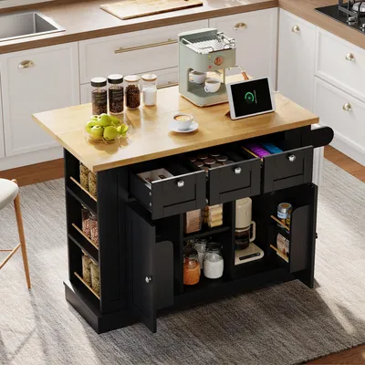 Obrázok produktu pre Mobilný kuchynský stôl, 132 cm, štýl vidieckej chalupy, s výklopnou pracovnou doskou, zásuvkou, poličkou na korenie, držiakom na utierky, 4 kolieskami a zásuvkou.
