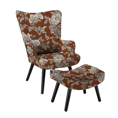 Image de HomeMiYN Fauteuil lounge avec repose-pieds et coussins, structure en bois massif avec tissu imitation lin, rouge avec fleurs blanches
