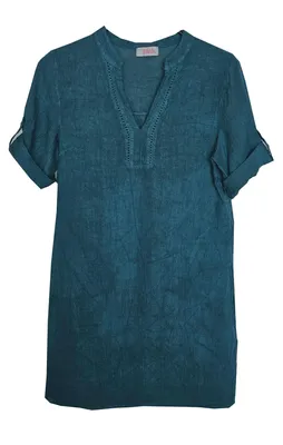 Produktbild von Leinen Kleid kurzarm Lochmuster DEEP OCEAN Blau 40 M Knieumspielend