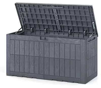 Produktbild von KOMFOTTEU 380 L wetterfeste Auflagenbox, abschließbare Aufbewahrungsbox mit Deckel, Gasdruckfedern & Griffen, 2-in-1 Terrassenbank und Kissenbox für Kissen, Gartenwerkzeug & Poolzubehör