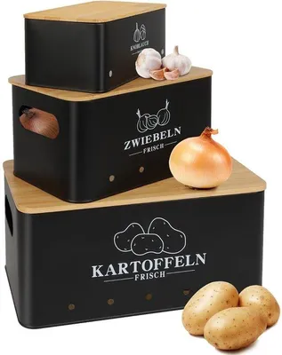 Produktbild von Bambus Kartoffelbehälter Set aus 3, Vintage Kartoffelbehälter mit Bambusdeckel, Kartoffelbehälter Zwiebel Knoblauch, Zwiebeltopf Kartoffelbehälter Knoblauchtopf, Schwarz