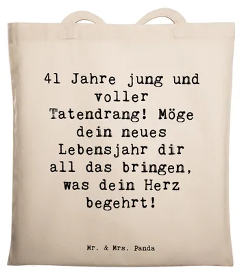 Produktbild von Mr. & Mrs. Panda Tote Bag Spruch 41. Geburtstag Tatendrang - Transparent - Geschenk, Happy Birthday, besondere Lebensphase, Schultasche, freudiger, Laptoptasche
