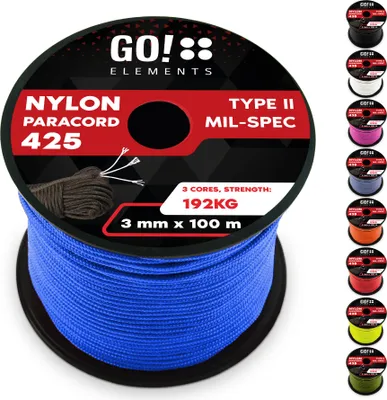 Produktbild von GO!elements 100m Paracord Seil aus reißfestem Nylon - 3mm Paracord 425 Typ II max. 192kg - Schnüre als Outdoor Seil, Allzweckseil, Survival Seil, Armband, Hundeleine, Nylonschnur, Farbe: Blau