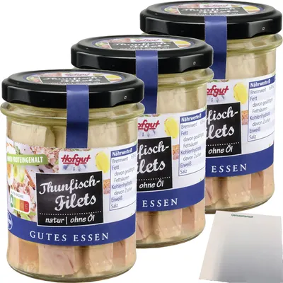 Produktbild von Hofgut Thunfisch Filets Wasser 3er Pack (3x200g Glas) + usy Block