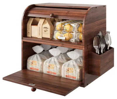 Imagen del producto de Caja para pan de bambú, de doble capa, con compartimento para cubiertos, ideal para la cocina