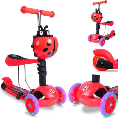 Produktbild von Habib 3-in-1 Kinderroller für Jungen & Mädchen – Abnehmbarer Sitz, LED-Räder, höhenverstellbarer Lenker. Ideal für 2-8 Jahre. Rot