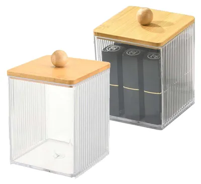 Productafbeelding van Wattepadsdispenser en wattenstaafjeshouder - Set van 2 met bamboe deksel - Opbergdoos voor badkamer en make-uptafel