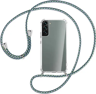 Produktbild von Handykette Backcover-Schutzhülle mit Band (Metall silberfarben) für Samsung Galaxy S22 5G (S901) - grün/blau/weiß