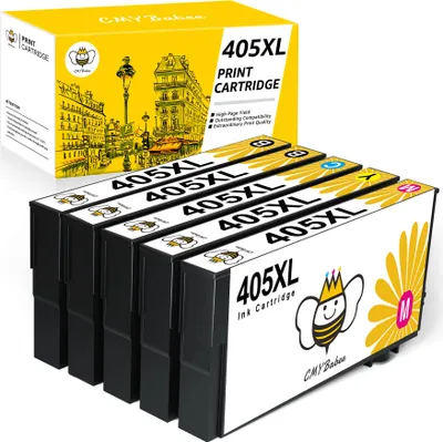 A box of printer ink cartridges with several cartridges laid out in front of it.