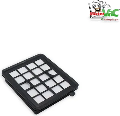 A vacuum cleaner filter on a white background with a logo in the top right corner.