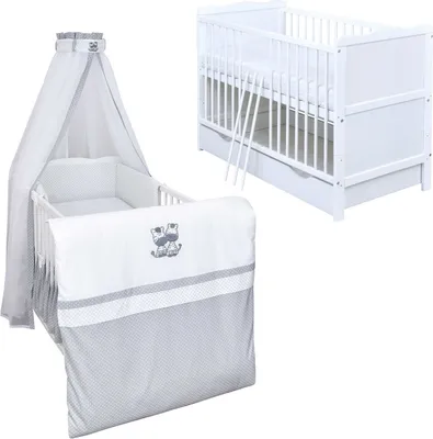 Produktbild von Baby-Delux Babybett Kinderbett Jack 140×70 weiß inkl. Schublade Bettwäsche komplett Set Zebra