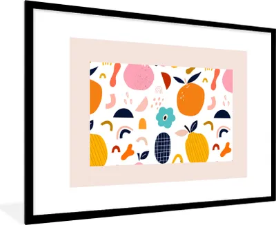 Produktbild von MuchoWow® Gerahmtes Poster Blumen - Früchte - Muster - Pastell - Rosa 90x60 cm - Poster mit Schwarzem Bilderrahmen Wandposter Rahmen Foto Bilder - Wanddekoration - Fotos