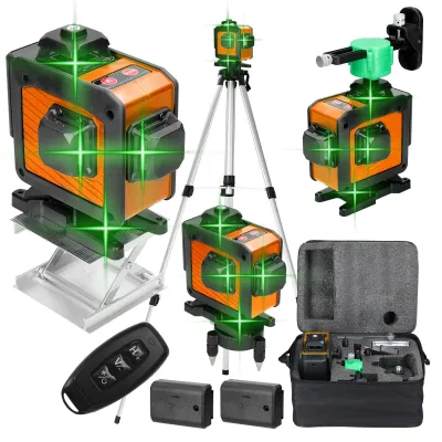 Zdjęcie produktu dla Cross Line Laser profi 4D 16-liniowa poziomica laserowa Zielona 360º Obrotowy automatyczny miernik laserowy z 2-krotną baterią, platformą podnoszącą, statywem o wysokości 1,3 m i 3 wysokościami