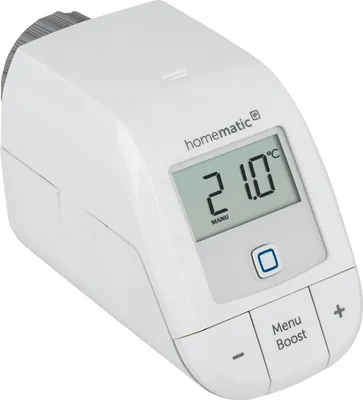 A white smart thermostat for a radiator, shown at an angle against a white background.