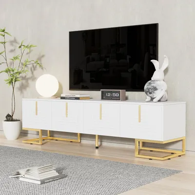 Productafbeelding van MODFU moderne TV-kast – lage kast met dempende scharnieren en gouden accenten, TV-meubel met gestructureerde deuren en gouden poten, wit