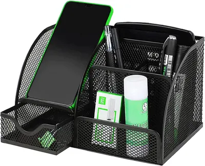 Produktbild von Schreibtisch-Organizer aus Metallgitter mit Stifthalter und Schubladen, schwarz