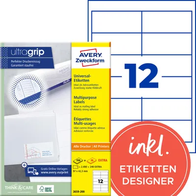 Produktbild von Avery Zweckform 3659-200, Universal-Etiketten, A4, Qualitätsdruck mit: ultragrip, 97 x 42,3 mm, 2.640 Etiketten / 220 Bögen, weiß