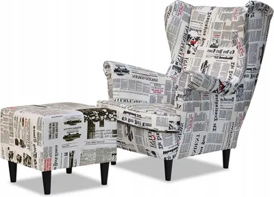Produktbild von Family Meble Ohrensessel mit Hocker Print Relaxsessel Skandinavisch Bequemer Sessel Loungesessel Fernsehsessel Wohnzimmer Schlafzimmer Büro (GAZETA)